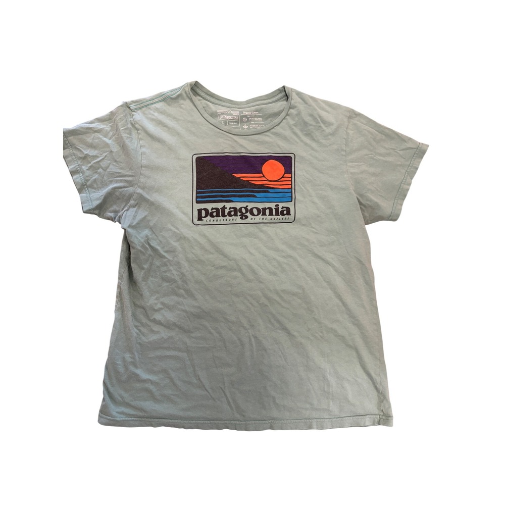 Patagonia Womens Organic Cotton Graphic Tee Green Sunset Mountain Slim Fit Large